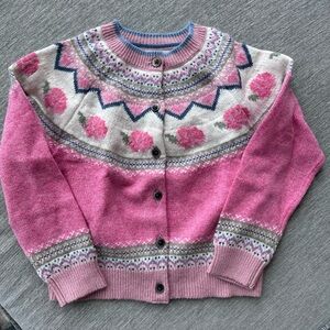 BNWT Mini Boden Pink Heart and Flower Fair Isle Cardigan Sweater